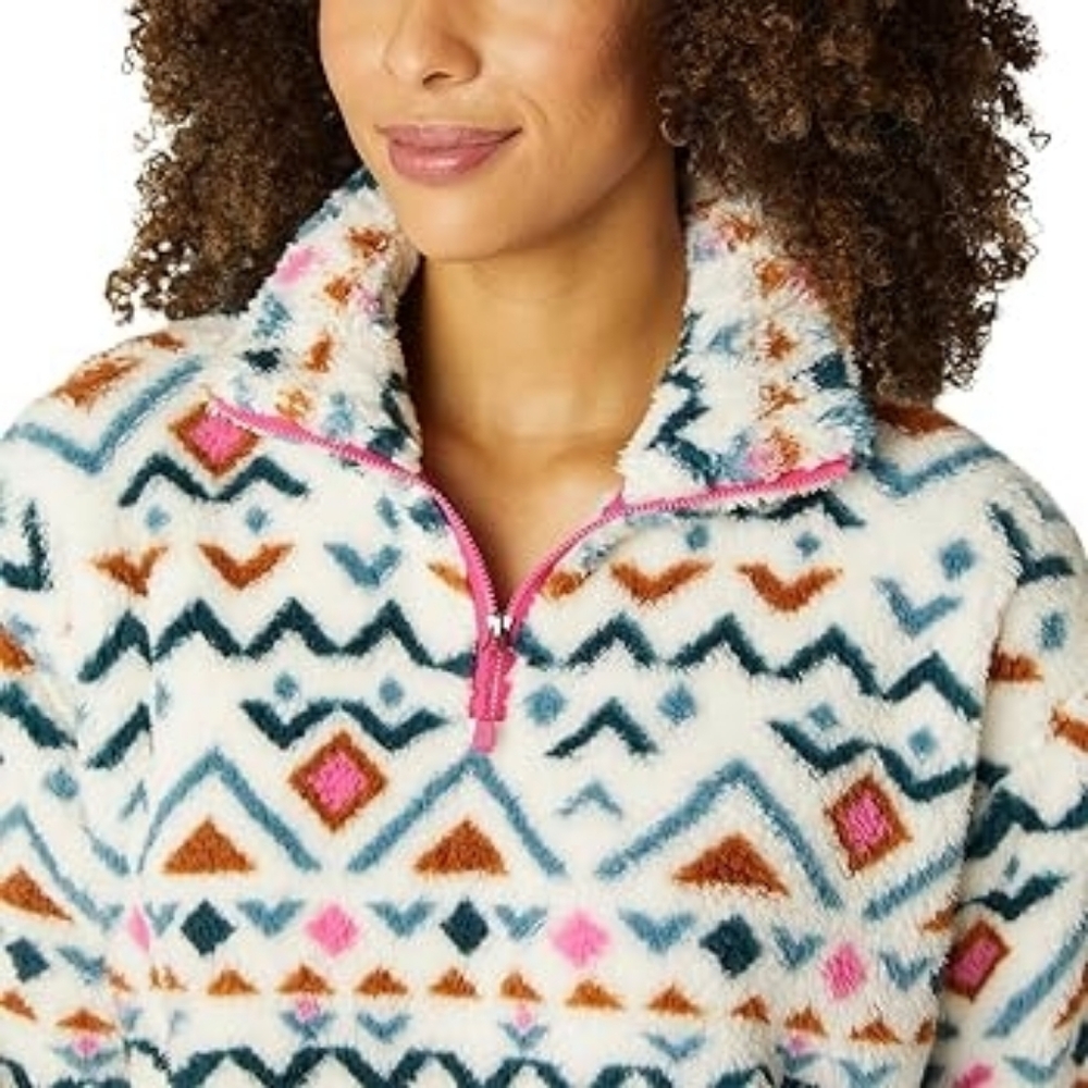 Eddie Bauer Pink Blue Aztec Tribal Sherpa Teddy 1/4 Zip Jacket Sweater X-Large - Picture 3 of 7